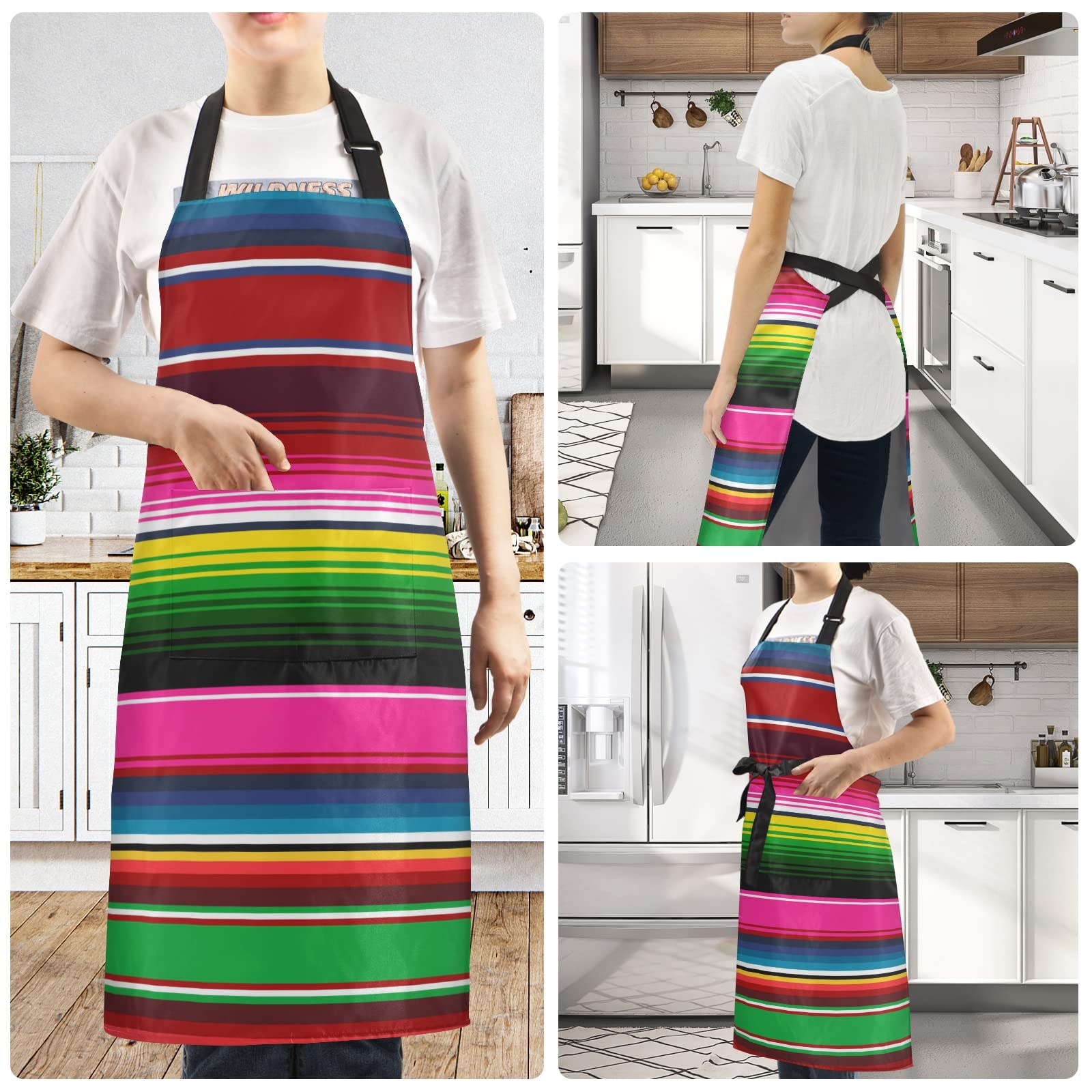 xigua Adjustable Bib Apron Mexican Serape Colorful Stripes Cooking Kitchen Aprons with Pockets, Chef Aprons for Men Women BBQ Baking