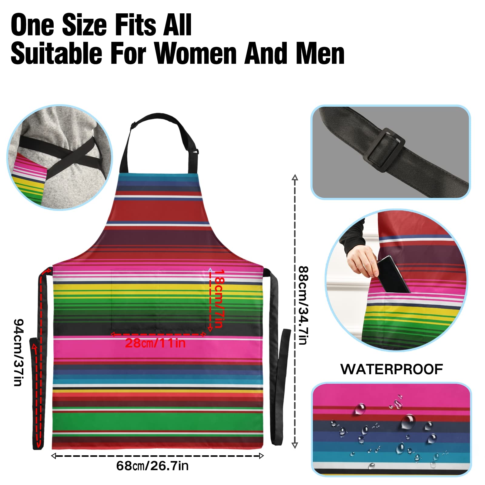 xigua Adjustable Bib Apron Mexican Serape Colorful Stripes Cooking Kitchen Aprons with Pockets, Chef Aprons for Men Women BBQ Baking