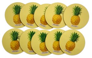 novel merk pineapple fruit refrigerator magnets, small circle leaf & banner design for fridge, gifts, decor, party favors, prizes (10 pack), yellow green, 2 inch
