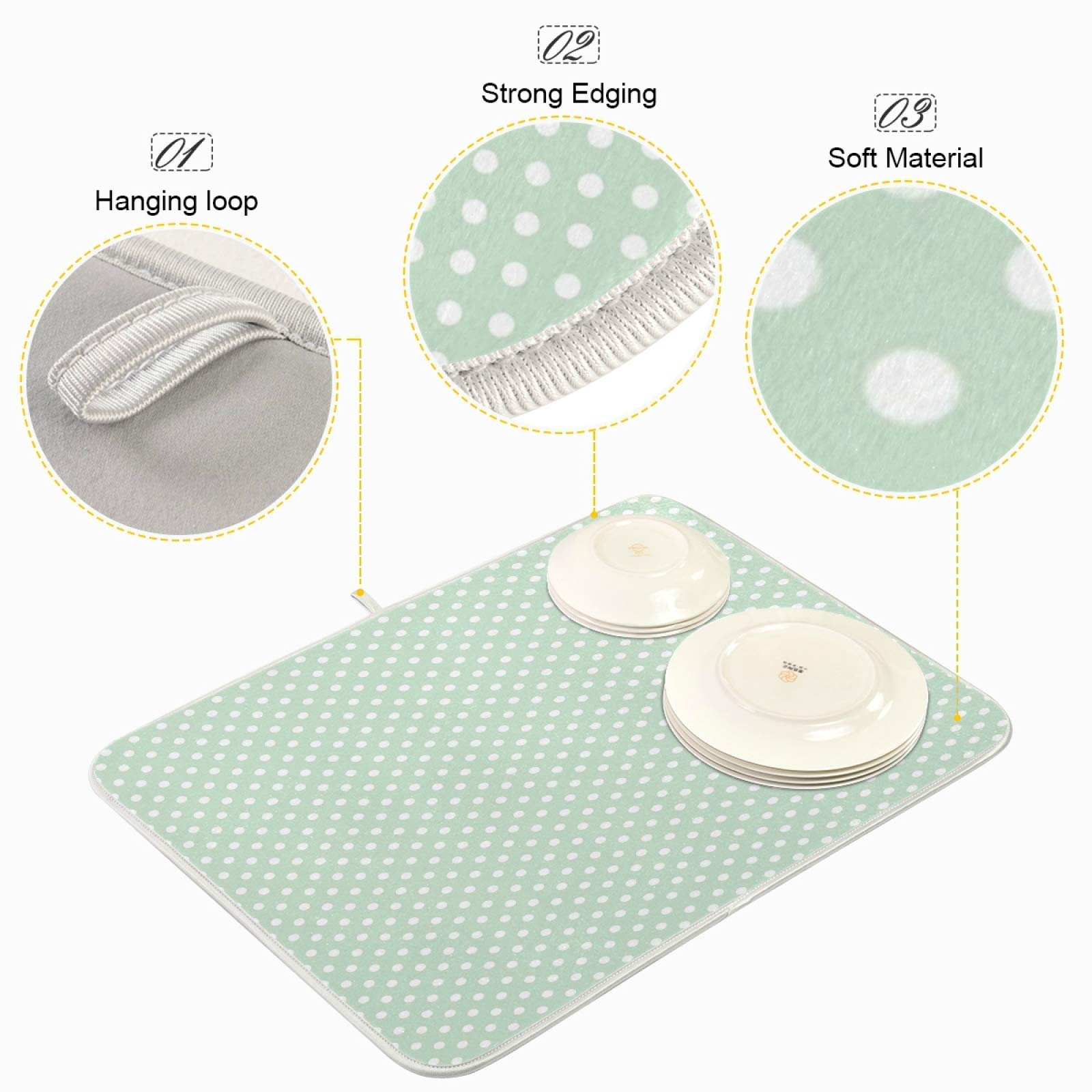 Mint Green Polka Dots Dish Drying Mat 16x18 for Kitchen Counter Cute Pastel Microfiber Dishes Pad Dish Drainer Rack Mats Absorbent Coffee Bar Mats Quick Drying Kitchen Accessories