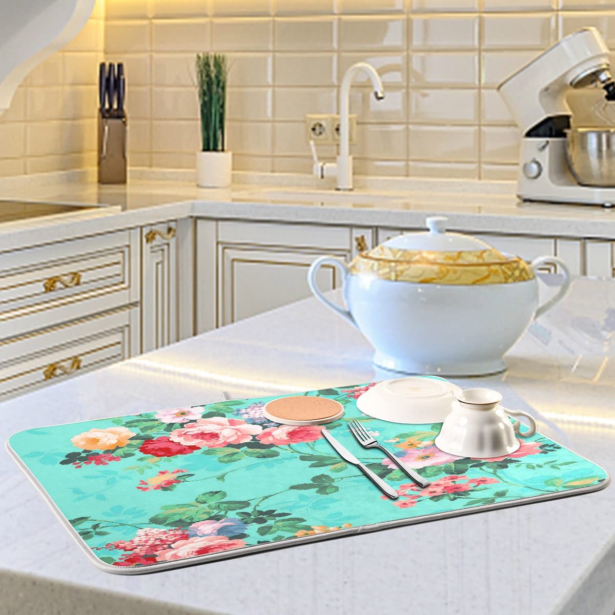 Absorbent Dish Drying Mat Microfiber - Teal Roses Flower Drying Pad for Kitchen Counter 18 x 24 Inch