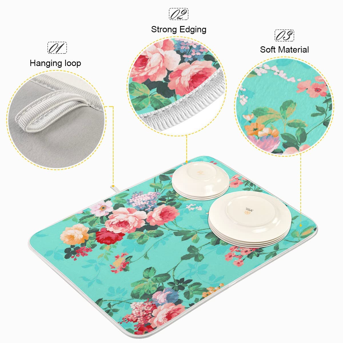 Absorbent Dish Drying Mat Microfiber - Teal Roses Flower Drying Pad for Kitchen Counter 18 x 24 Inch