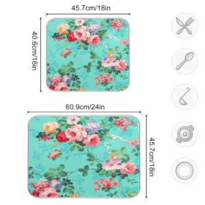 Absorbent Dish Drying Mat Microfiber - Teal Roses Flower Drying Pad for Kitchen Counter 18 x 24 Inch