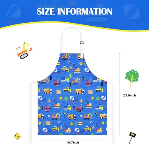 ASPMIZ Blue Kids Apron, Cartoon Vehicles Toddlers Apron for Boys, Tractor Childrens Aprons for Girls Adjustable Waterproof Child Apron for Gardening Crafting Cooking, Kids Boys Girls Gift