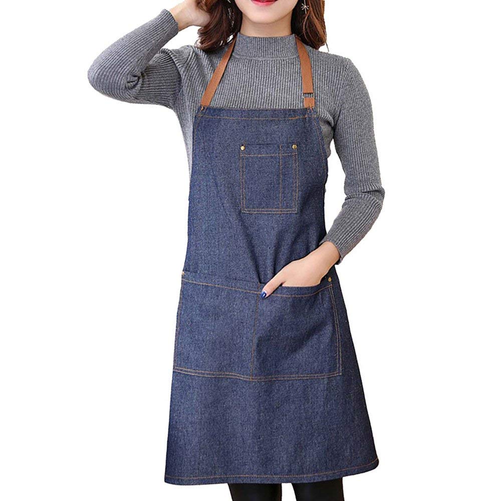 WOWSEA Denim Aprons - Lightweight, Ultra-thin portable Apron for Work, Play, Cooking Multifunctional Aprons, Adjustable Shoulder Strap Lengths for Petite Ladies or Teenagers (Blue)