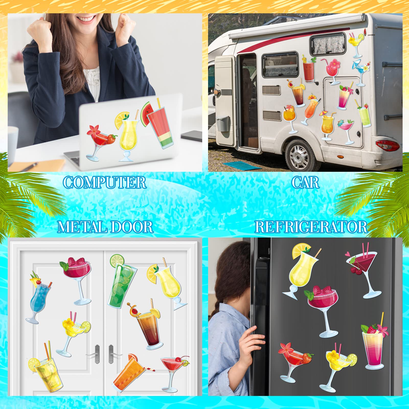 24 Pcs Cruise Door Magnets Stickers Summer Beach Tropical Drink Cruise Ship Door Decoration Hawaiian Cruise Magnetic Lemon Cocktail Door Stickers Fridge Decals for Carnival Cabin Kitchen