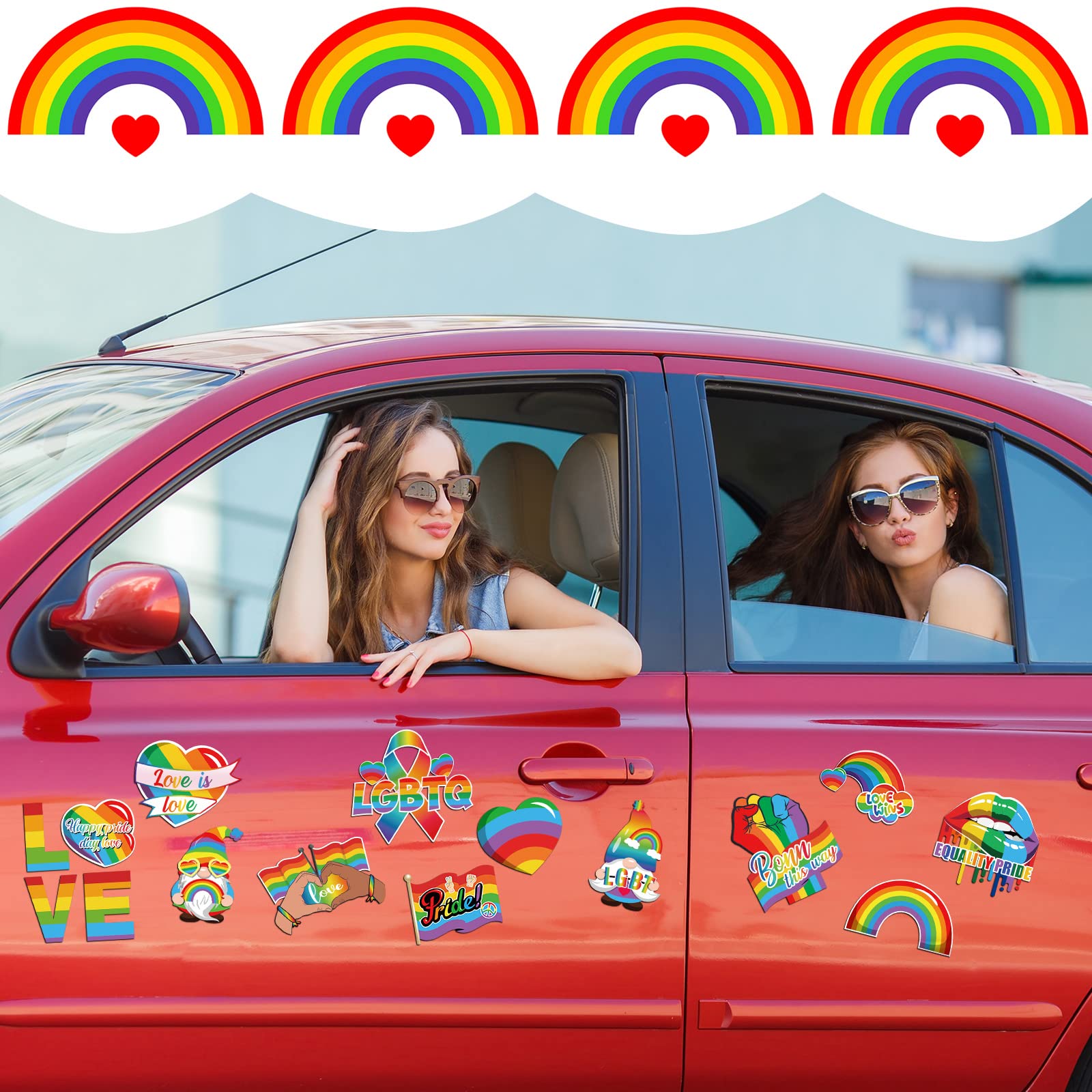 Fabbay 12 Pieces Rainbow Magnetic Stickers Car Magnet Bumper Sticker Gay Pride Rainbow Car Magnet Heart Love Rainbows Magnet Decal for Pride Day Parade Car Bumpers Refrigerator Decorations