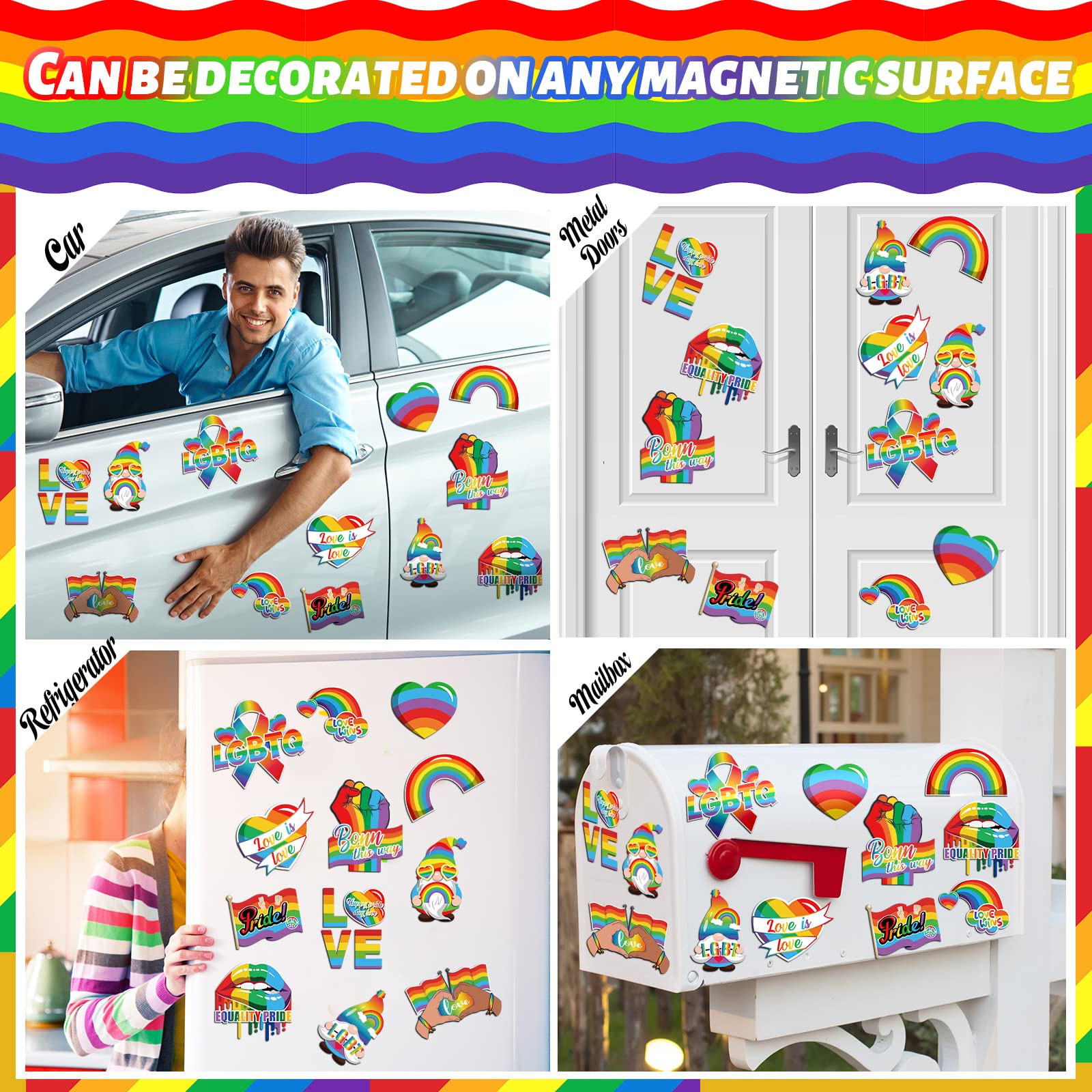 Fabbay 12 Pieces Rainbow Magnetic Stickers Car Magnet Bumper Sticker Gay Pride Rainbow Car Magnet Heart Love Rainbows Magnet Decal for Pride Day Parade Car Bumpers Refrigerator Decorations