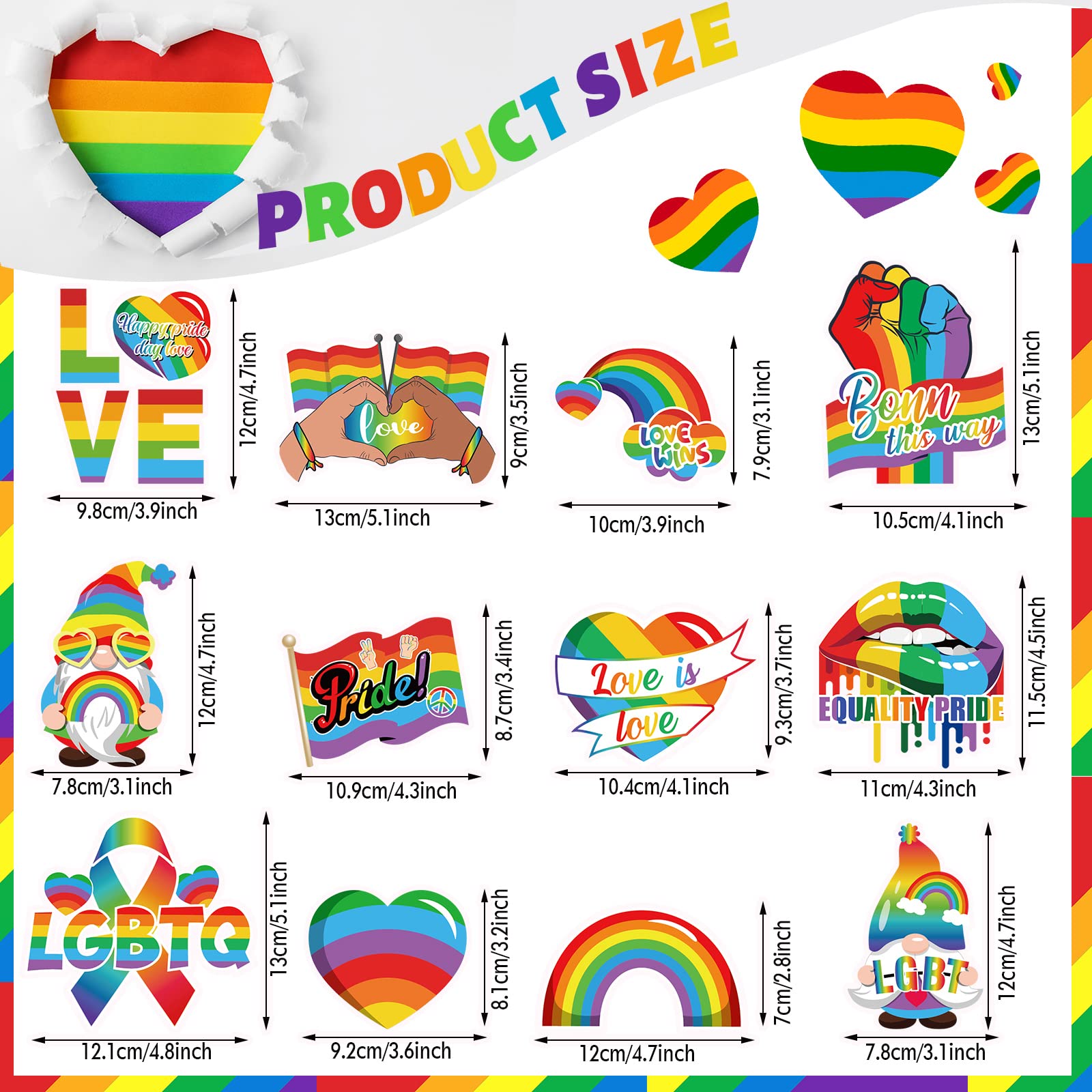 Fabbay 12 Pieces Rainbow Magnetic Stickers Car Magnet Bumper Sticker Gay Pride Rainbow Car Magnet Heart Love Rainbows Magnet Decal for Pride Day Parade Car Bumpers Refrigerator Decorations