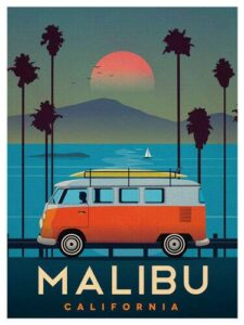 magnet 3x4 inch vintage art malibu vw bus sticker - surf california ca old beach travel magnetic magnet vinyl sticker