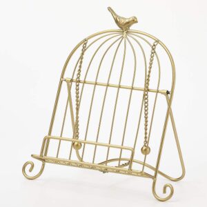 jemeni adjustable cookbook stand for kitchen, metal birdcage shaped with 2 weighted chains, gold…