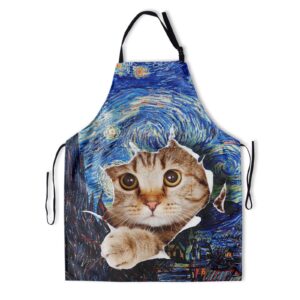 dzglobal starry night cat apron art with lovely pet unisex kitchen bib with adjustable neck for cooking gardening adult size, blue