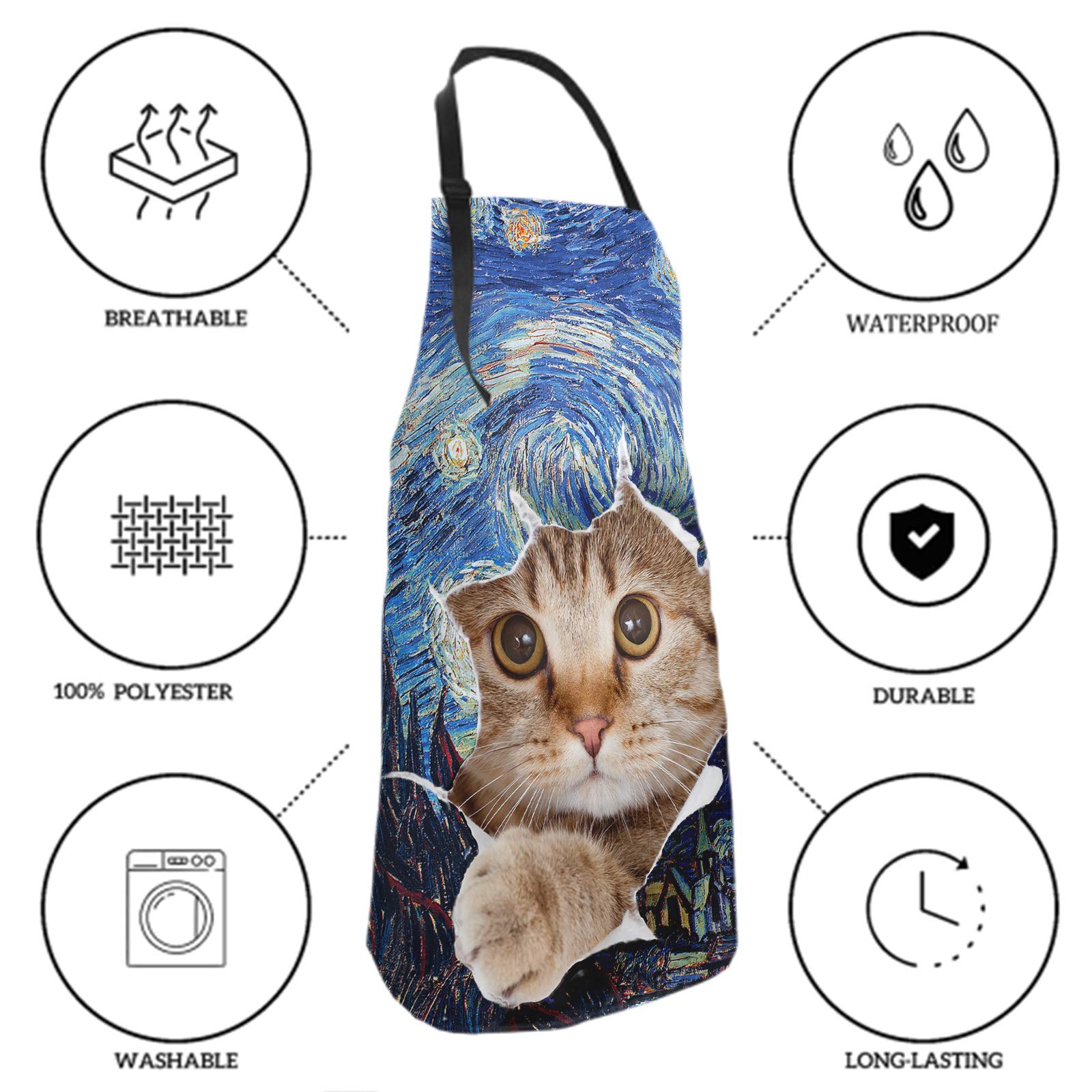 DZGlobal Starry Night Cat Apron Art with Lovely Pet Unisex Kitchen Bib with Adjustable Neck for Cooking Gardening Adult Size, Blue