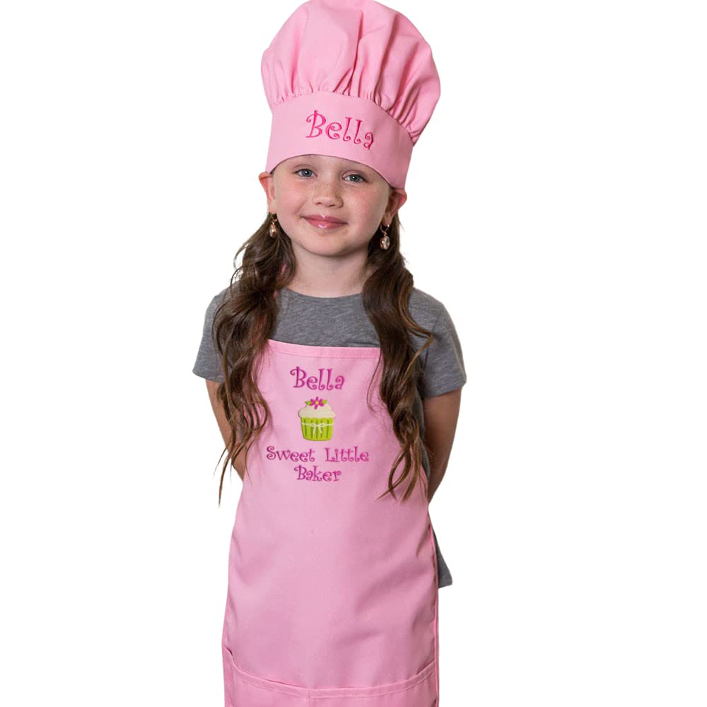 THE APRONPLACE Personalized Apron and Hat Set Girls Sweet Little Baker Child Apron with Cupcake Add a Name Embroidered