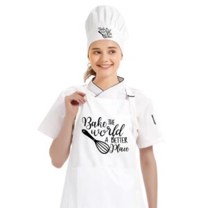 dyjybmy bake the world a better place chef hat and apron set, funny chef hat for woman, funny cooking grilling apron gift for woman sisters, sister, mom, pastry chef, friends, white adjustable size