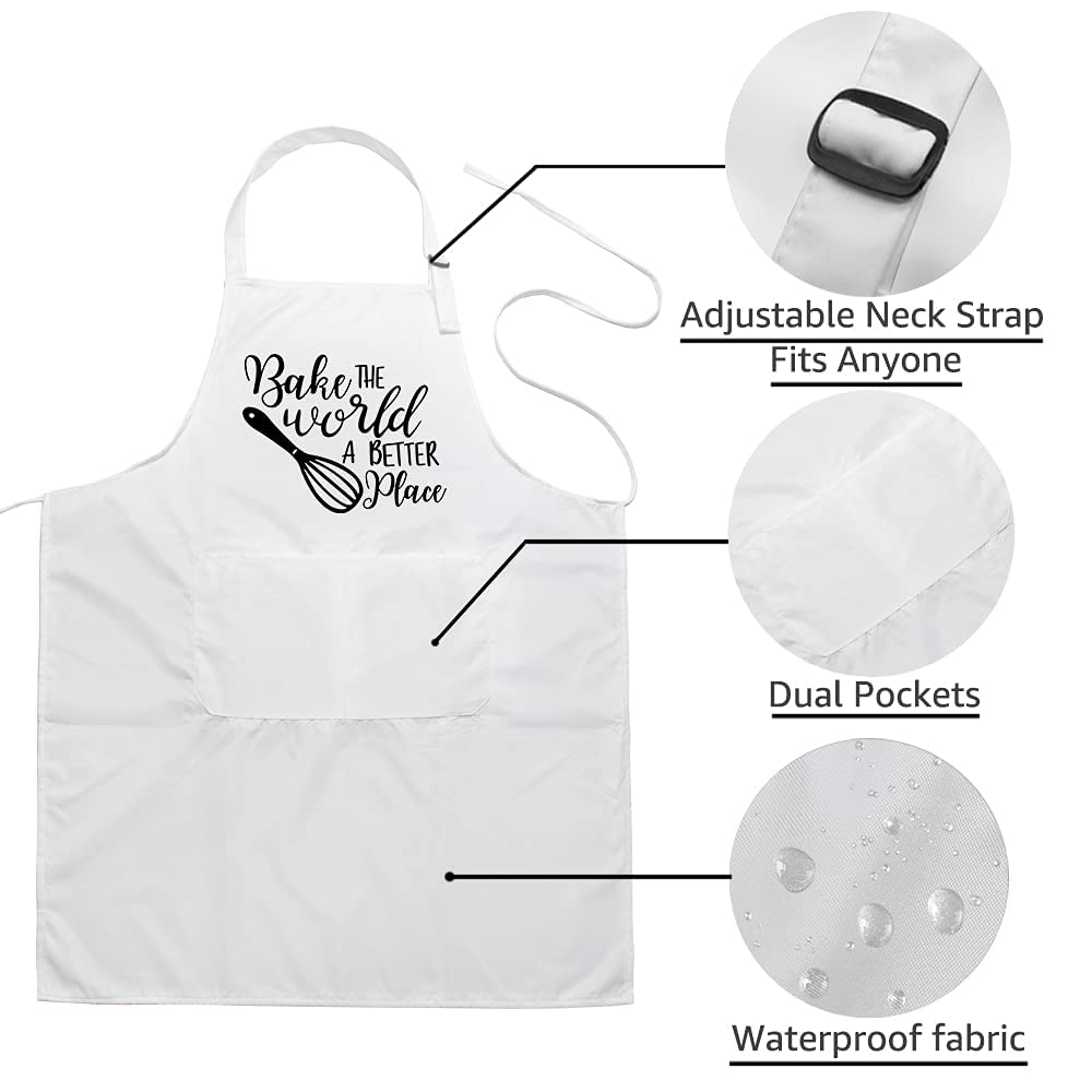 DYJYBMY Bake The World A Better Place Chef Hat and Apron Set, Funny Chef Hat for Woman, Funny Cooking Grilling Apron Gift for Woman Sisters, Sister, Mom, Pastry Chef, Friends, White Adjustable Size