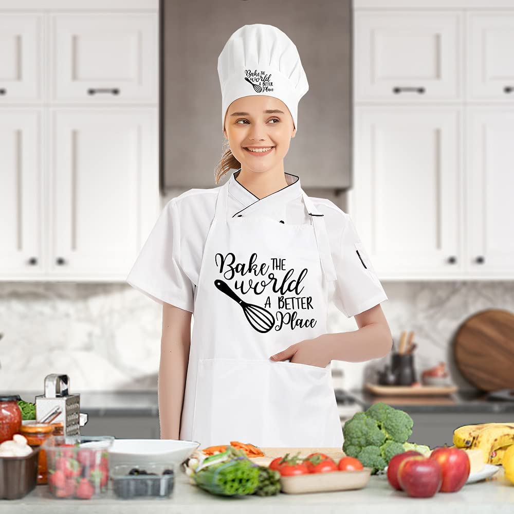 DYJYBMY Bake The World A Better Place Chef Hat and Apron Set, Funny Chef Hat for Woman, Funny Cooking Grilling Apron Gift for Woman Sisters, Sister, Mom, Pastry Chef, Friends, White Adjustable Size