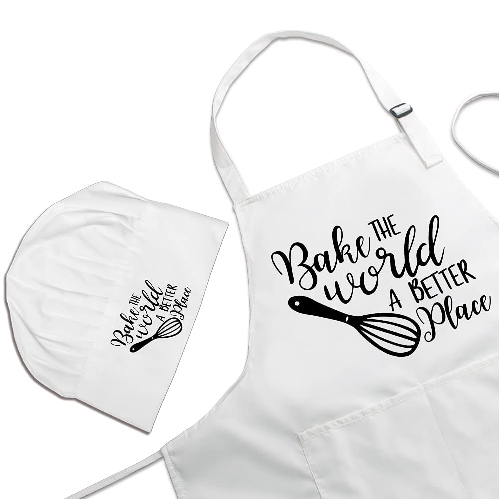 DYJYBMY Bake The World A Better Place Chef Hat and Apron Set, Funny Chef Hat for Woman, Funny Cooking Grilling Apron Gift for Woman Sisters, Sister, Mom, Pastry Chef, Friends, White Adjustable Size