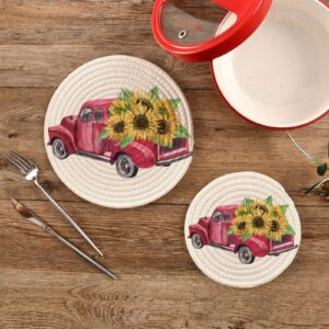 vintage sunflowers kitchen pot holders trivets 2 pack watercolor red truck trivet mats set 100% cotton round thread weave hot pads stylish coasters for baking cooking cups dinning counter