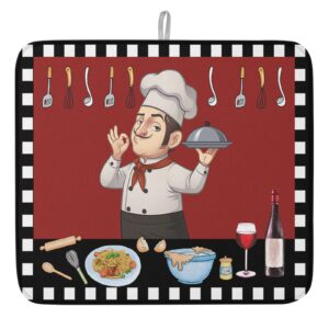 lifemusion chef gourmet on red backdrop dish drying mat for kitchen counter, black white checkered baby bottle microfiber drying pad, absorbent coffee cup dishes drainer mats 16''x18''