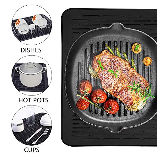 Piduules Eco-friendly Silicone Dish Drying Mat Large Reusable Non-slipping and Heat Resistant Dish Quick Drying Pad, Dishwasher Safe, Black XL 18”x15.8”