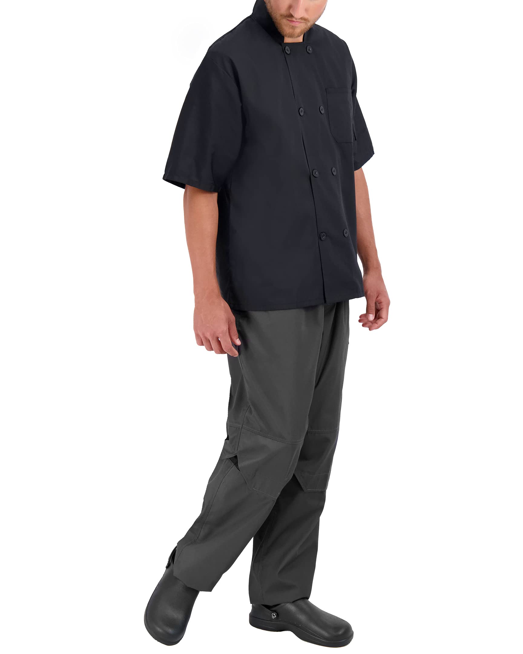 Happy Chef Men's Signature Short Sleeve Lightweight Chef Coat, Black, Large