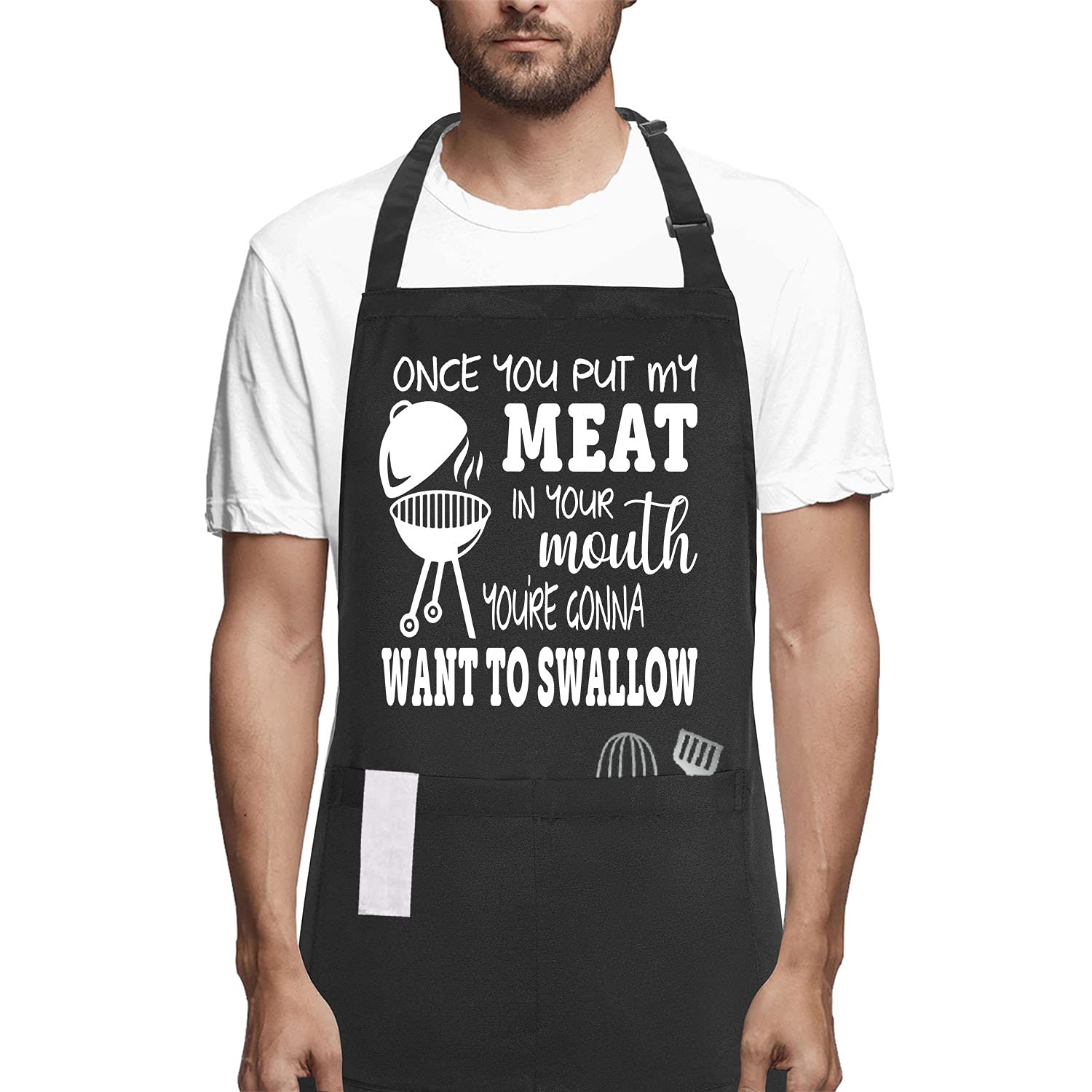 POTALKFREE Funny Gag Gifts for Men Women, Once You Put My Meat Chef Apron, BBQ Cooking Grilling Aprons with 2 Pockets, Wife Birthday Gifts from Husband, Boyfriend