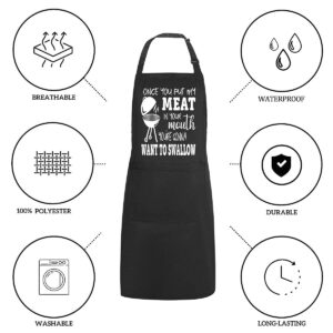 POTALKFREE Funny Gag Gifts for Men Women, Once You Put My Meat Chef Apron, BBQ Cooking Grilling Aprons with 2 Pockets, Wife Birthday Gifts from Husband, Boyfriend