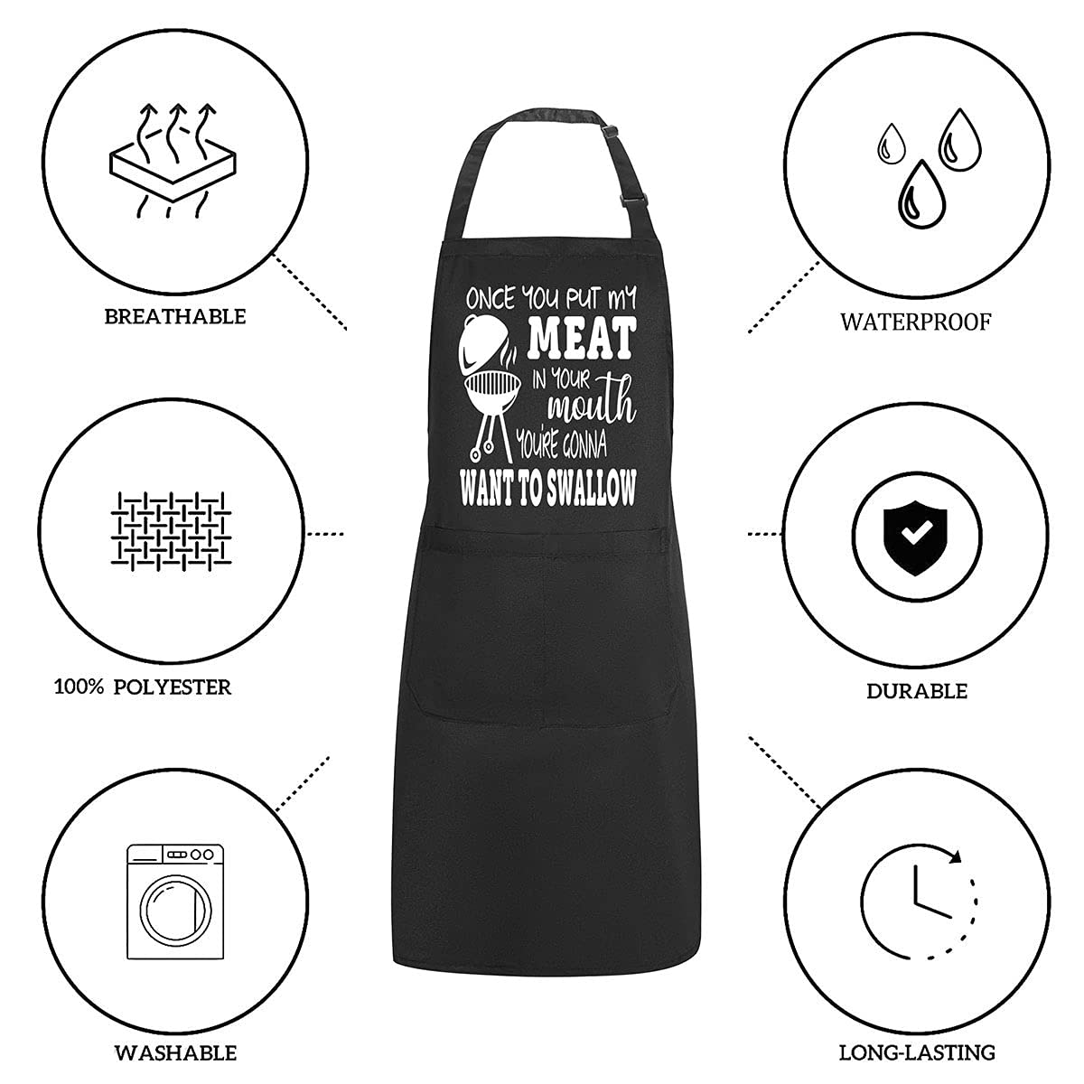 POTALKFREE Funny Gag Gifts for Men Women, Once You Put My Meat Chef Apron, BBQ Cooking Grilling Aprons with 2 Pockets, Wife Birthday Gifts from Husband, Boyfriend