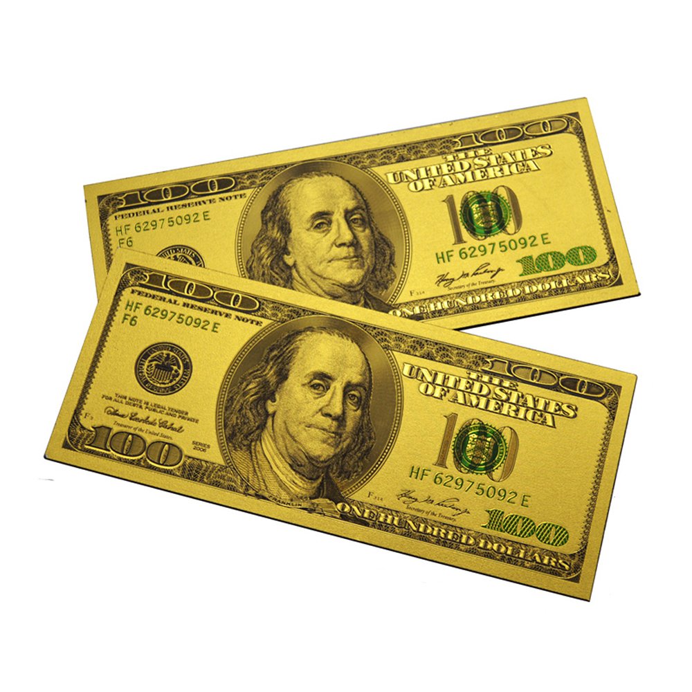 2PCS x $100 Bill One Hundred Dollar Lucky Money Magnet US Souvenir Patriotic Office Board Desk Door Fridge Magnets April Fools - Set of 2 (Gold)