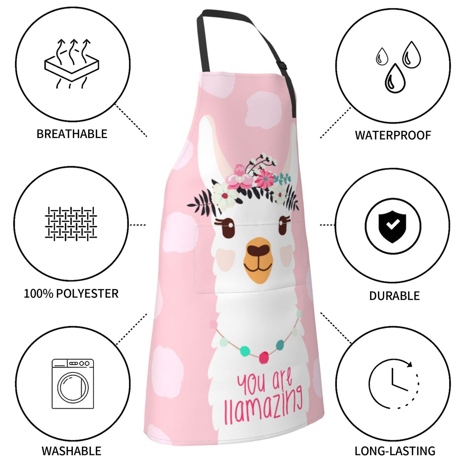 Echoserein Cute Llama Alpaca Apron Adjustable Bib Aprons With 2 Pockets For Men Women Chef Waterproof Decorative For Kitchen Cooking Bbq Grilling