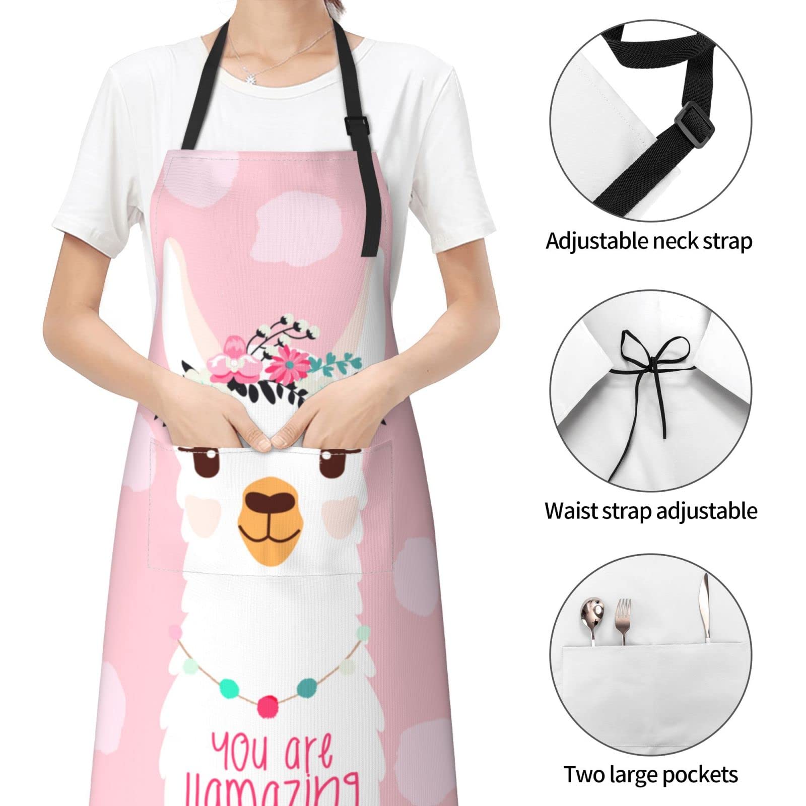 Echoserein Cute Llama Alpaca Apron Adjustable Bib Aprons With 2 Pockets For Men Women Chef Waterproof Decorative For Kitchen Cooking Bbq Grilling