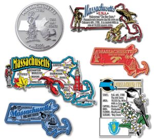 massachusetts six-piece state magnet set by classic magnets, includes 6 unique designs, collectible souvenirs made in the usa