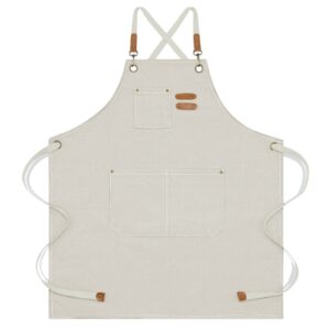 canvas chef apron for men women, cotton canvas cross back apron with adjustable straps and large pockets heavy duty work apron (beige)