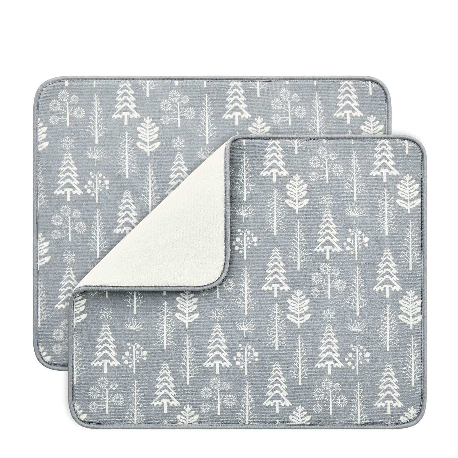 Christmas Tree Dish Drying Mats for Kitchen Counter by SUBEKYU, Microfiber Absorbent Dish Drainer/Rack Pads for Sink, 19.5 by 15.8 inches, Set of 2, Grey