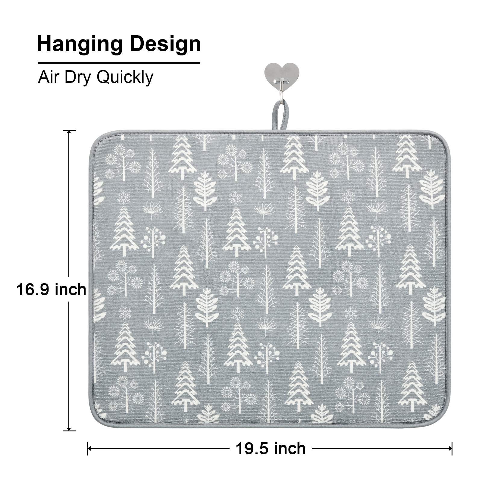 Christmas Tree Dish Drying Mats for Kitchen Counter by SUBEKYU, Microfiber Absorbent Dish Drainer/Rack Pads for Sink, 19.5 by 15.8 inches, Set of 2, Grey