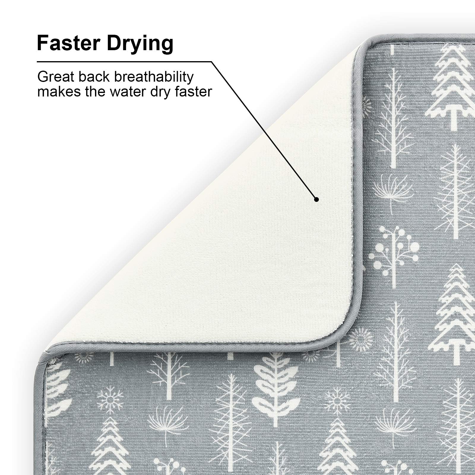 Christmas Tree Dish Drying Mats for Kitchen Counter by SUBEKYU, Microfiber Absorbent Dish Drainer/Rack Pads for Sink, 19.5 by 15.8 inches, Set of 2, Grey