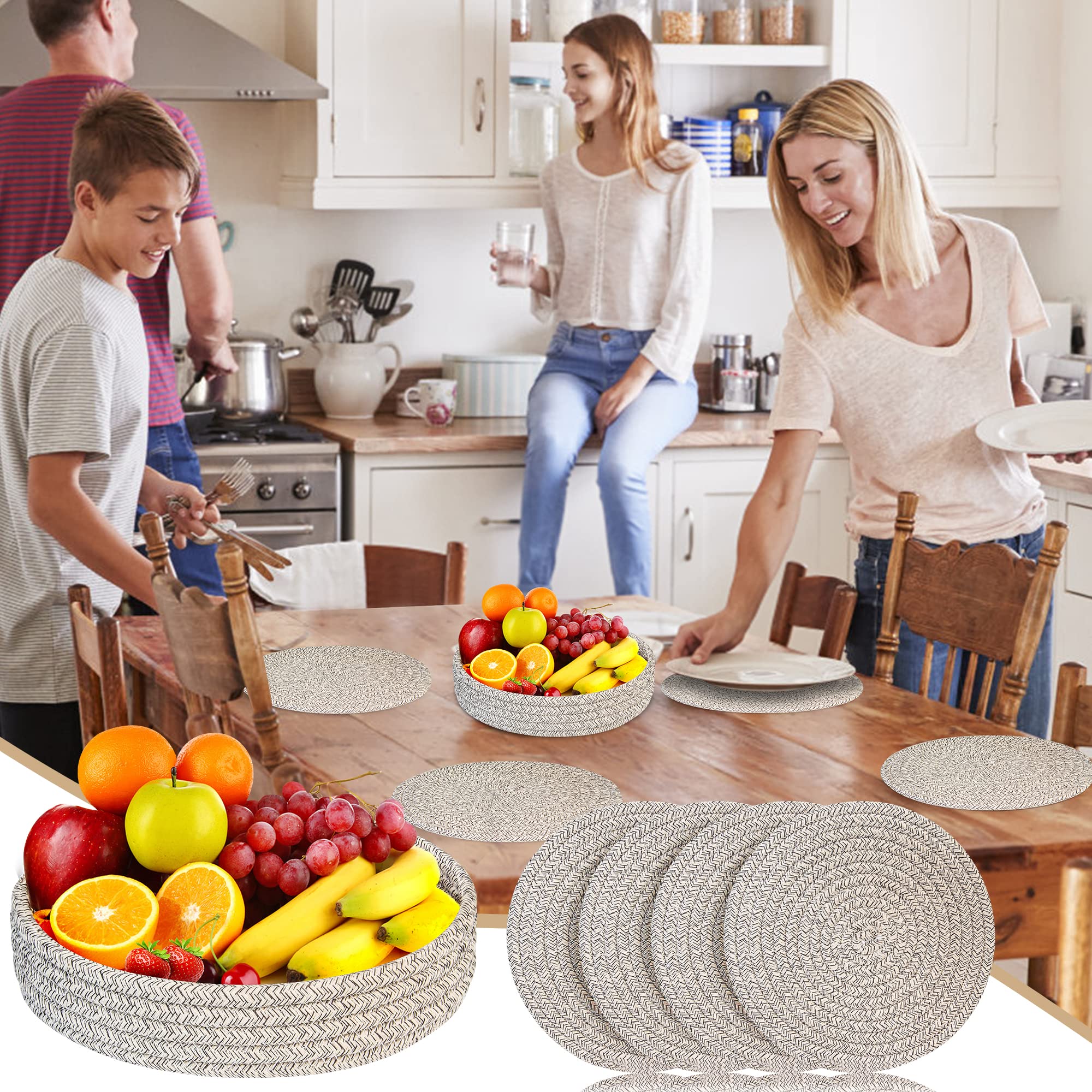 AmapleL 9 Inches Trivets for Hot Dishes, Trivets (Set of 4) for Hot Pots and Pans Holder + 1 Pack Kitchen Storage Basket, 100% Cotton Round Hot Pads - Table Mats - Coasters, Table Heat Protector Pad