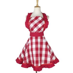 hyzrz lovely retro aprons for women with pocket cotton cooking mother's day apron dress gift (red grid)