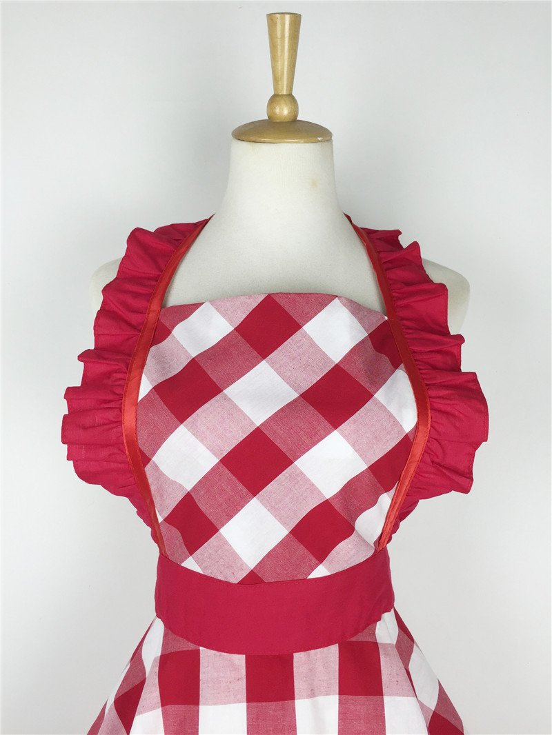 Hyzrz Lovely Retro Aprons for Women with Pocket Cotton Cooking Mother's Day Apron Dress Gift (Red Grid)