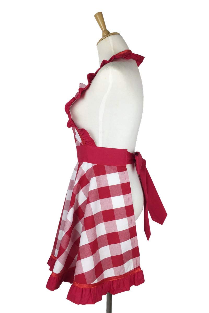 Hyzrz Lovely Retro Aprons for Women with Pocket Cotton Cooking Mother's Day Apron Dress Gift (Red Grid)