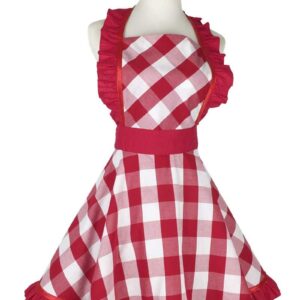 Hyzrz Lovely Retro Aprons for Women with Pocket Cotton Cooking Mother's Day Apron Dress Gift (Red Grid)