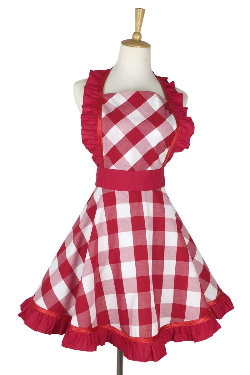 Hyzrz Lovely Retro Aprons for Women with Pocket Cotton Cooking Mother's Day Apron Dress Gift (Red Grid)