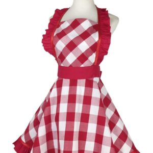 Hyzrz Lovely Retro Aprons for Women with Pocket Cotton Cooking Mother's Day Apron Dress Gift (Red Grid)