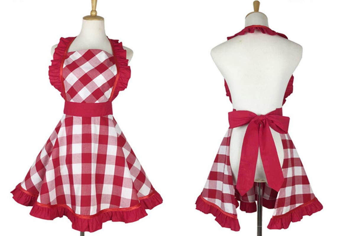 Hyzrz Lovely Retro Aprons for Women with Pocket Cotton Cooking Mother's Day Apron Dress Gift (Red Grid)