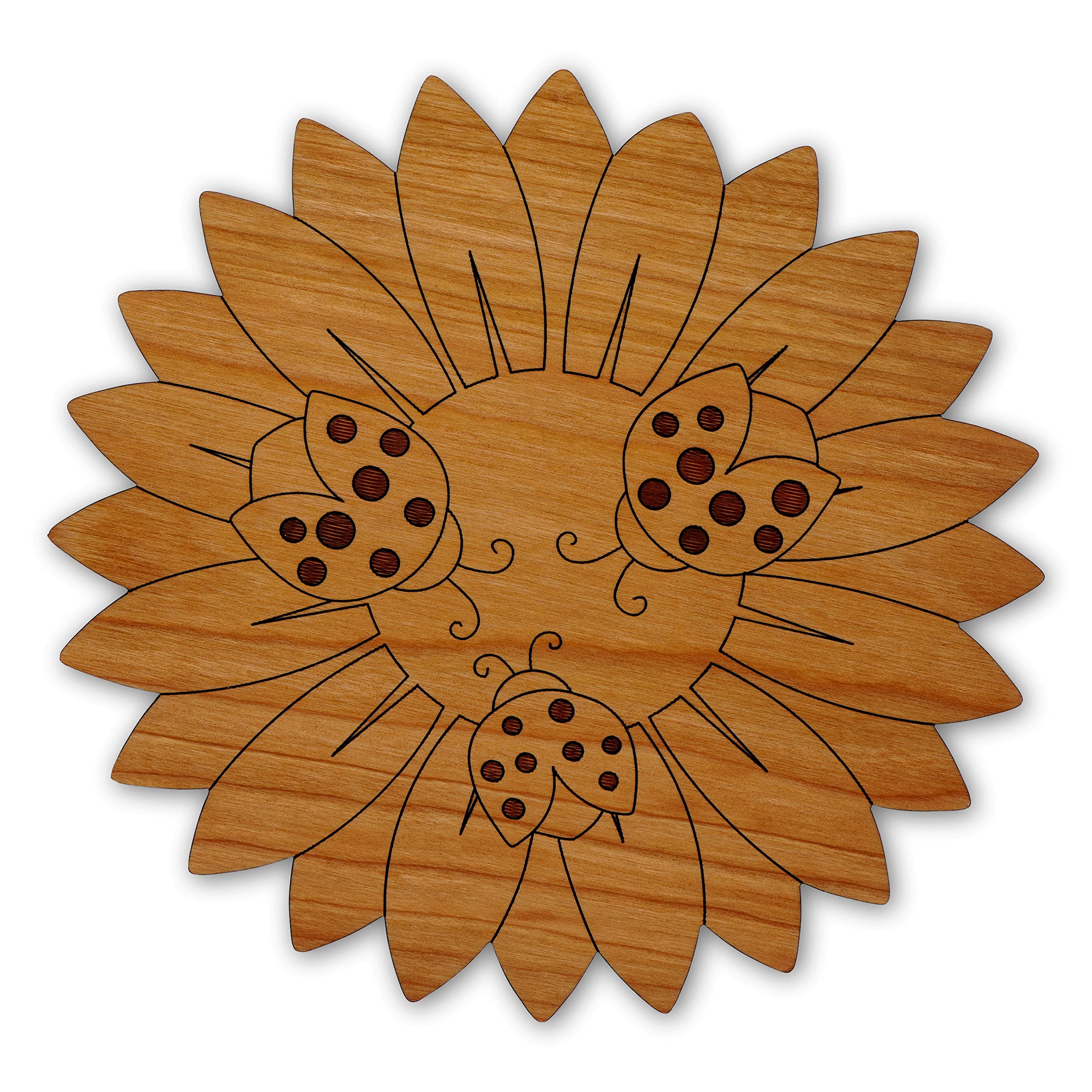 Ladybugs on a Sunflower Trivet - Hand Crafted in The USA From Solid Cherry Hardwood (7.5" Diameters Ladybug Trivet)