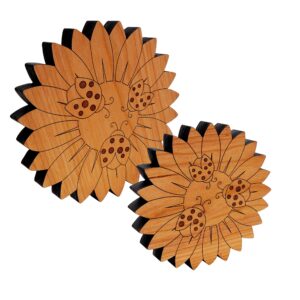 Ladybugs on a Sunflower Trivet - Hand Crafted in The USA From Solid Cherry Hardwood (7.5" Diameters Ladybug Trivet)