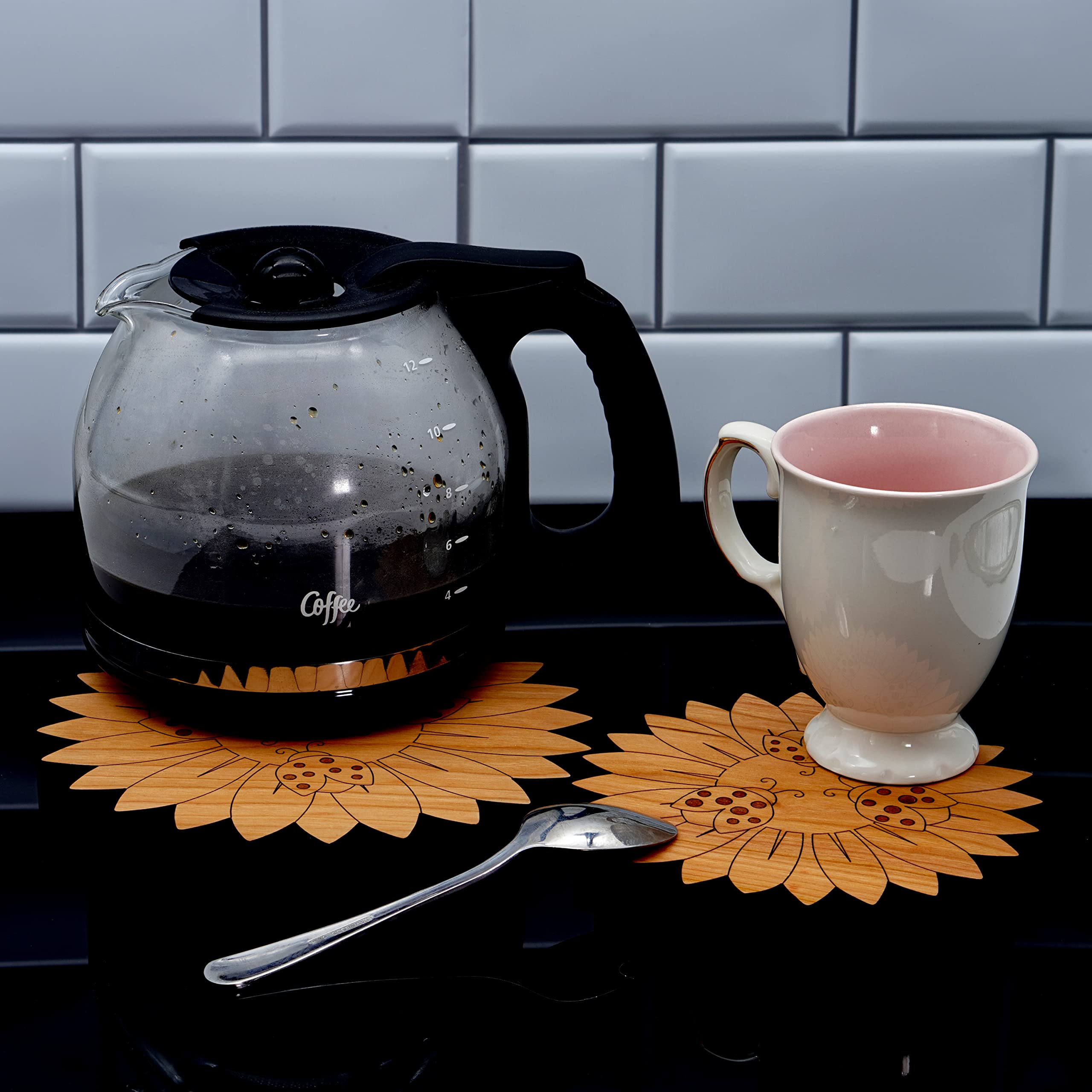 Ladybugs on a Sunflower Trivet - Hand Crafted in The USA From Solid Cherry Hardwood (7.5" Diameters Ladybug Trivet)