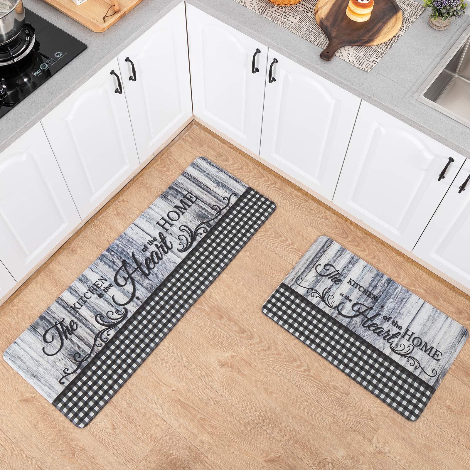 Asrug Black and White Plaid Checkered Comfort Kitchen Standing Desk Mat Anti Fatigue Ergonomic Floor Pad Rug Waterproof Stain Resistance Non Slip Kitchen Set, 17.3''x27.6''+17.3''x47.2'', Wood Plaid