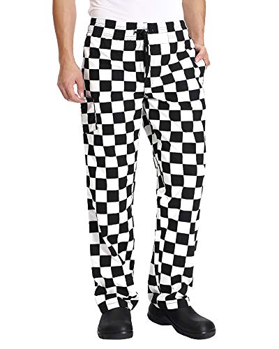 Men’s Black and White Checkerboard Print Chef Pants with Elastic Waist Drawstring Baggy Chef Uniforms BigPlaid M